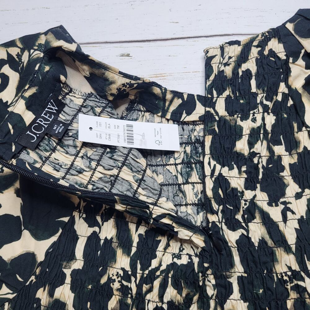 J Crew Meadow Dress Cotton Poplin Floral Black Tan Smock Puff Sleeve XL Tall - Picture 9 of 12